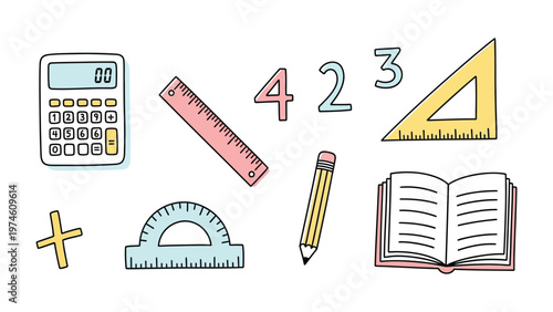 Mathematics Essentials: A collection of educational tools and symbols, including a calculator, ruler, protractor, pencil, book, and numerals, symbolizes the core elements of learning.