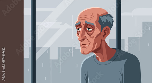 A weary, elderly man with a sad expression gazes out a window in a gray setting