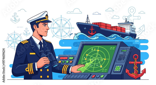 Naval officer in uniform using binoculars on ship bridge.