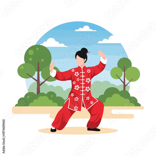 A woman in a floral red tunic practices tai chi in a serene park landscape