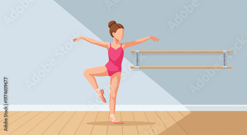 A young ballerina performing a dance pose in a studio with a wooden floor and bar