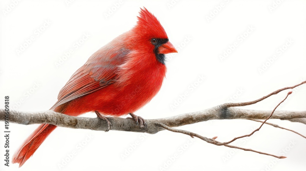 Fototapeta premium Red cardinal bird perched on a dry branch. Detailed illustration of a vibrant songbird isolated on white background. Nature wildlife portrait for Christmas greeting card design.