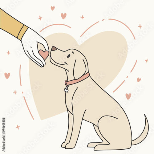 Tan dog with a red collar receiving a heart from a hand