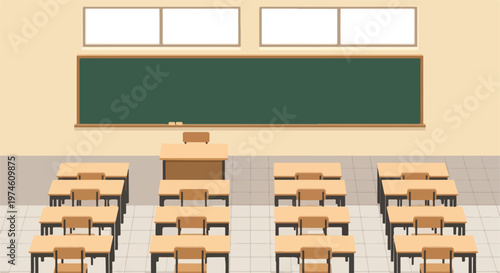 An empty classroom featuring rows of wooden desks and a large green chalkboard