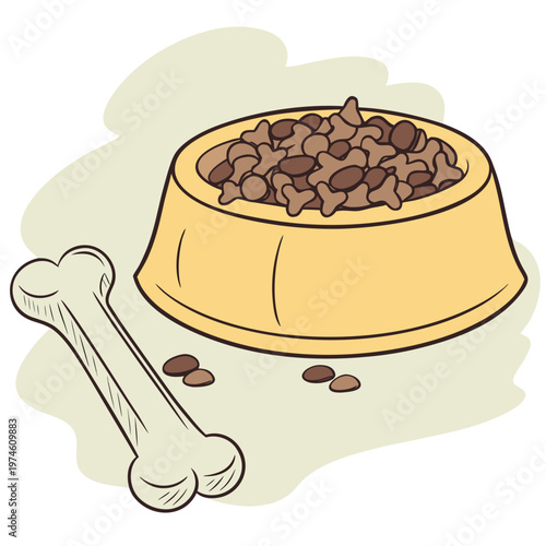 Yellow dog bowl with brown kibble and bone pet food yellow bowl