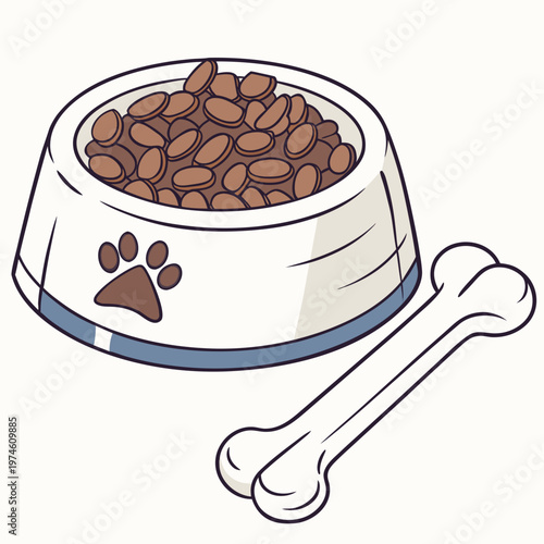 White dog bowl with brown kibble and bone pet food white bowl