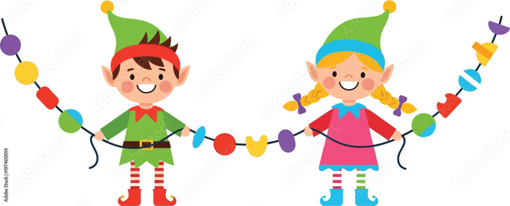 Naklejka premium Two cartoon elves holding a colorful festive garland of geometric shapes christmas holiday