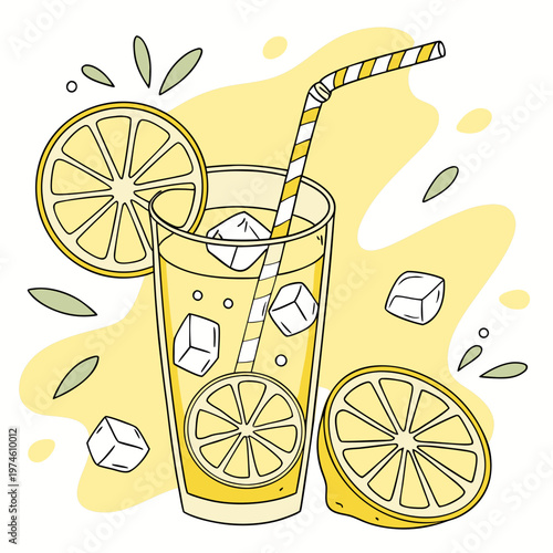 Glass of lemonade with ice cubes and lemon slices straw