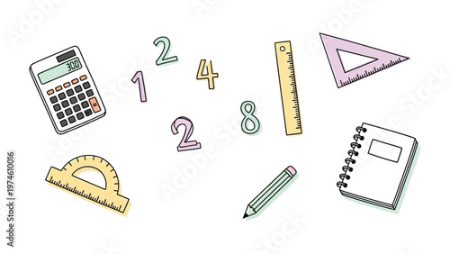 Math Tools: A vibrant array of essential math tools, including a calculator, ruler, protractor, triangle, notebook, pencil and number. perfect for educational needs.