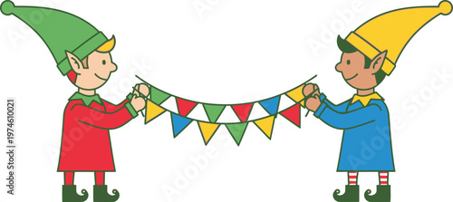 Two cartoon elves holding a colorful triangle flag banner character