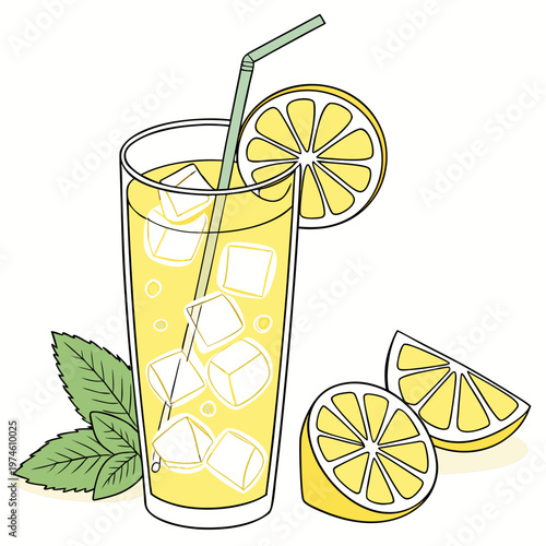Glass of lemonade with ice cubes and lemon slices and mint straw