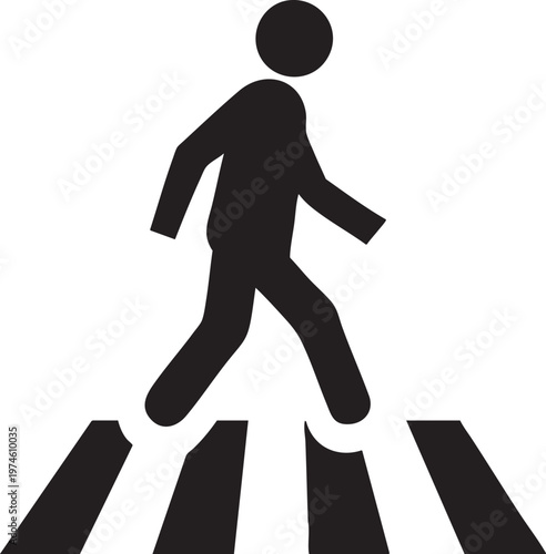 Pedestrian Walking Across Crosswalk Symbol Black Silhouette on White Background Minimalist Icon Design