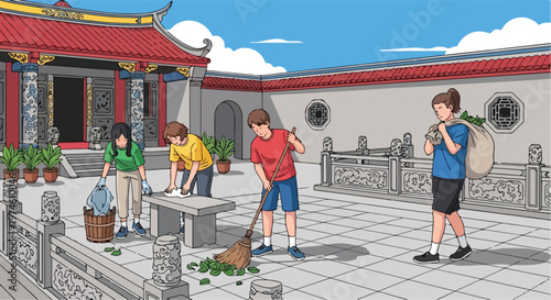 People cleaning a traditional stone courtyard outside an ornate Asian building