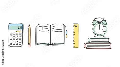 Essentials for Learning: A minimalist illustration of essential study tools, creating a scene of preparation, education, and organization. The image includes a calculator, pencil, open book, ruler.