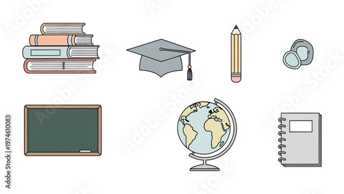 Education Essentials: A collection of essential school and learning supplies. Featuring books, a graduation cap, pencil, blackboard, globe, notebook, and other learning elements.