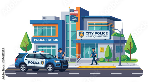 Modern City Police Station Headquarters with Patrol Car.