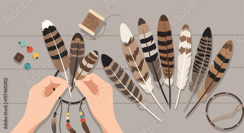 Hands crafting a dreamcatcher with feathers and beads on a wooden surface