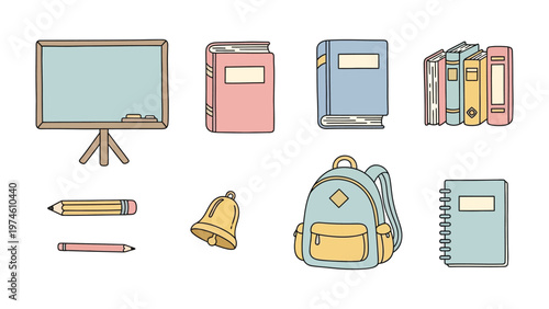 Essential School Essentials: This image showcases a collection of essential school supplies, carefully arranged to represent the tools of learning. A chalkboard, books, backpack, bell, pencils.