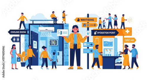 People interacting at an exhibition or event.