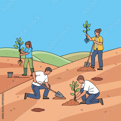 Four people planting young tree saplings together on a sunny outdoor hillside