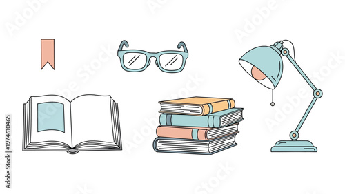 Reading and Learning Essentials: An inviting illustration showcases key reading and learning tools, perfect for evoking a sense of studiousness and intellectual curiosity. 