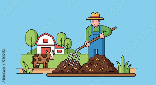 A cartoon farmer with a hat uses a pitchfork to work a soil pile on a farm
