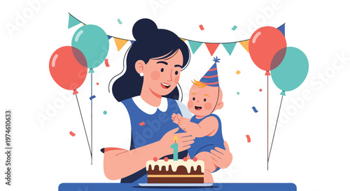 A mother holding her baby at a first birthday celebration with cake and balloons