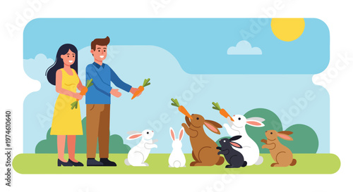 A man and woman in a park feeding carrots to a group of cute, playful rabbits