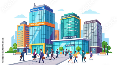 Modern Cityscape with Diverse People Walking.