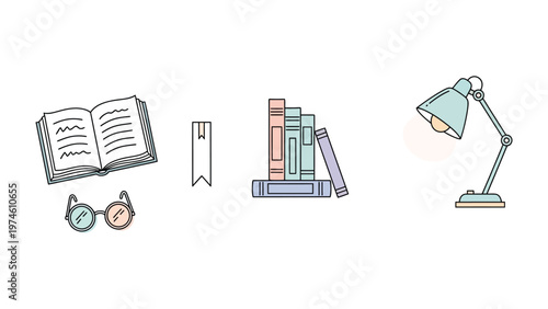 Reading Essentials: An artistic illustration showcasing an open book, a bookmark, a collection of stacked books, a pair of eyeglasses, and a desk lamp, all essentials for a cozy reading experience.