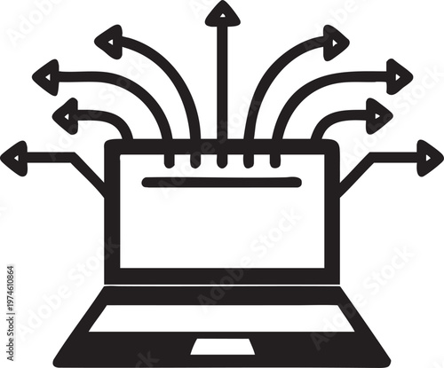 Laptop Data Stream Outward Arrows Concept Digital Network Flow Technology Connection Abstract Line Art Style