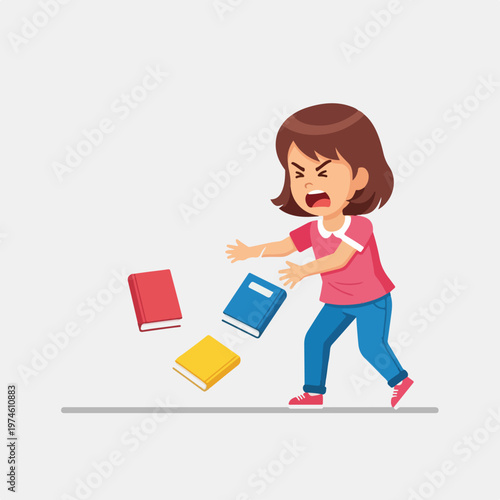 A frustrated young girl in a pink shirt angrily throwing books on the floor