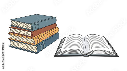 Literary Worlds: A stack of bound books and an open volume, symbolizing knowledge, and the art of storytelling.