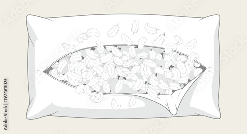 A white pillow ripped open with numerous soft down feathers spilling out of it