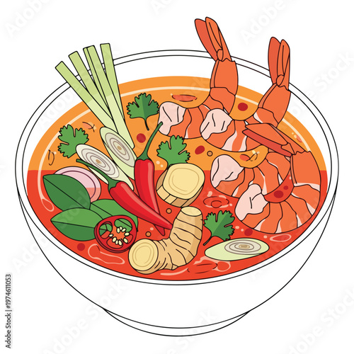 Illustration of a bowl of spicy Thai soup with prawns and fresh herbal garnish