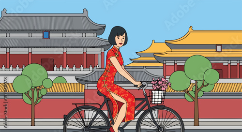 A woman in a red traditional dress riding a bicycle past ancient Asian palaces