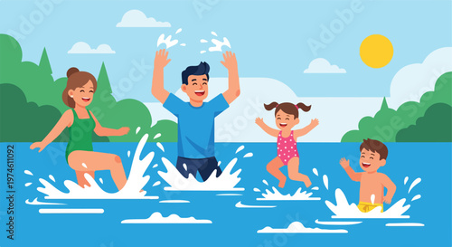 A happy family having fun splashing and playing together in a sunny outdoor lake