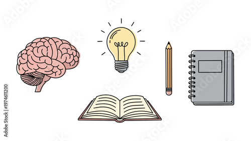 Brainstorming Essentials:  A conceptual arrangement that embodies the essence of innovation. A collection of illustrations, each representing a facet of intellectual pursuits.