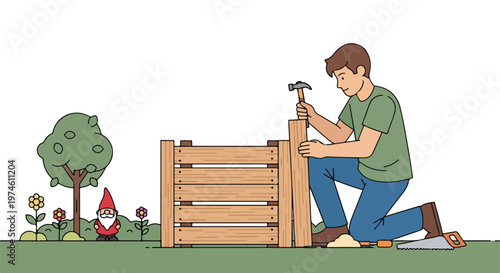 A man kneels in a garden while hammering a wooden plank to build a crate frame