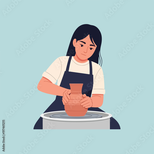 A young woman in an apron focuses on shaping a clay pot on a spinning potter wheel