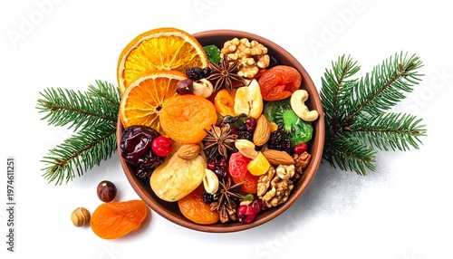 A rustic bowl overflowing with assorted dried fruits and nuts, adorned with festive evergreen sprigs on a white background