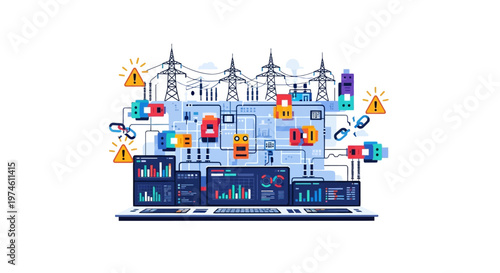 Modern Electrical Grid Control System on Laptop Screen.