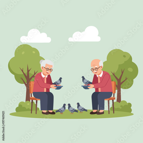 An elderly couple sitting on chairs outdoors while feeding pigeons in a park