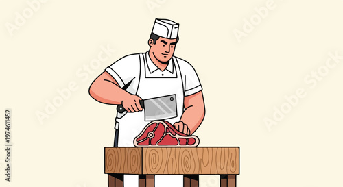 A butcher wearing a white apron cuts a piece of raw meat on a wooden table