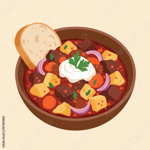 A bowl of thick meat stew with diced vegetables, sour cream, and a bread slice