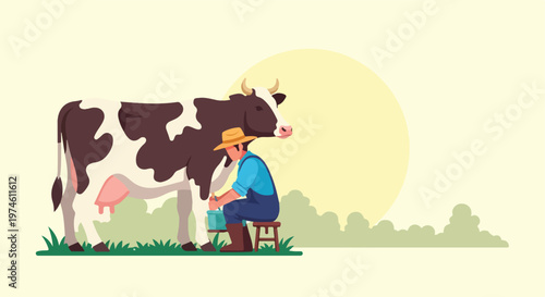 A flat vector illustration of a farmer milking a spotted cow in a grassy field