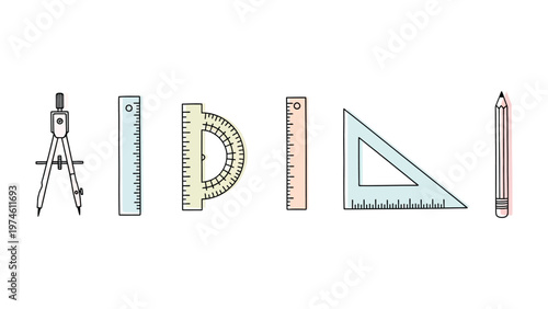 Geometric Precision: Essential drafting tools arranged in a row, symbolizing the precision and accuracy of design and measurement.