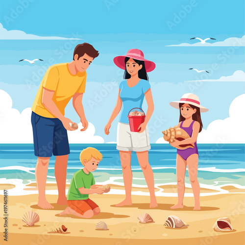 A family stands on a sandy beach collecting seashells on a sunny summer day
