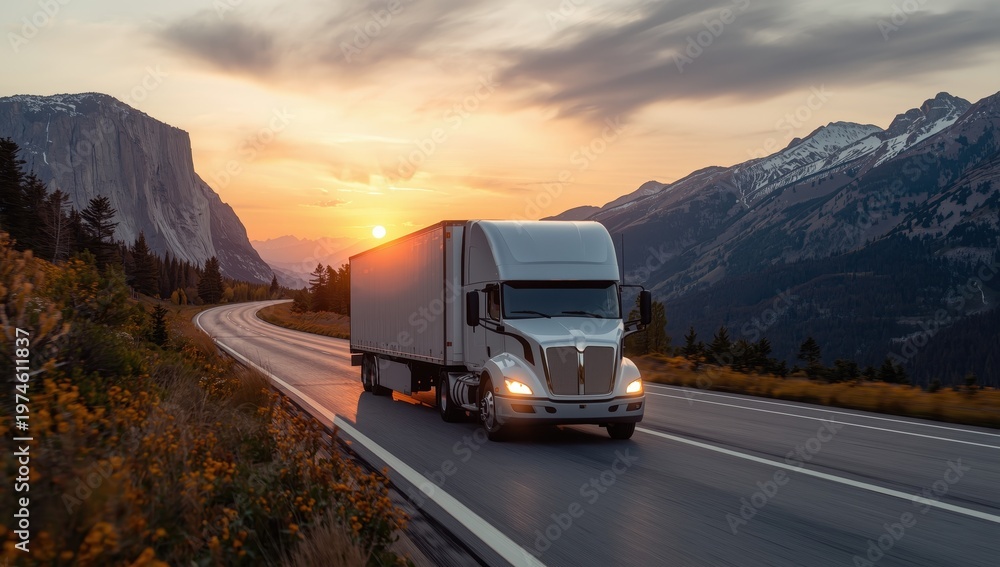 Obraz premium Contemporary eco-friendly white refrigerated truck traveling along a picturesque mountain road at dusk.