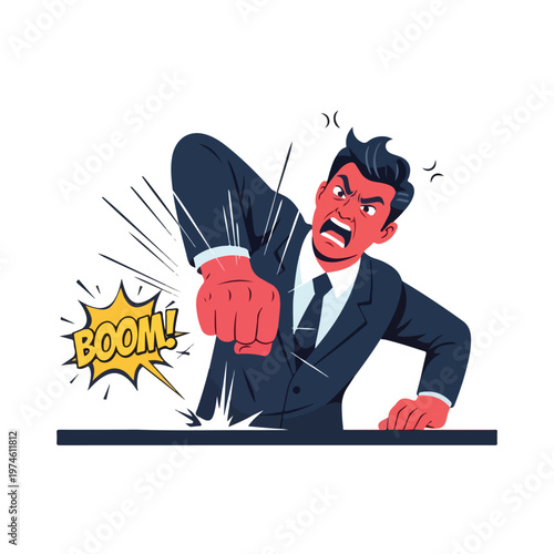 An angry businessman in a suit forcefully punches a table with a boom speech